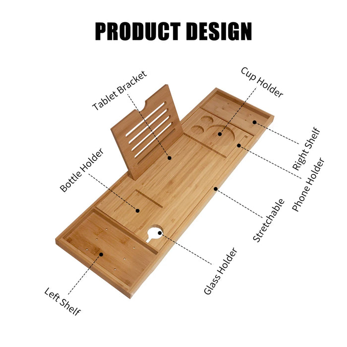Bamboo Bathtub Caddy Tray – Extendable Spa Tray with Book, Wine and Tablet Holder