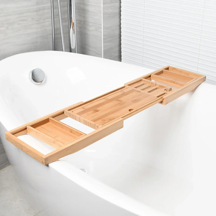 Expandable Luxury Wooden Bathtub Caddy Tray — 60–87cm Adjustable Soap & Tablet Holder