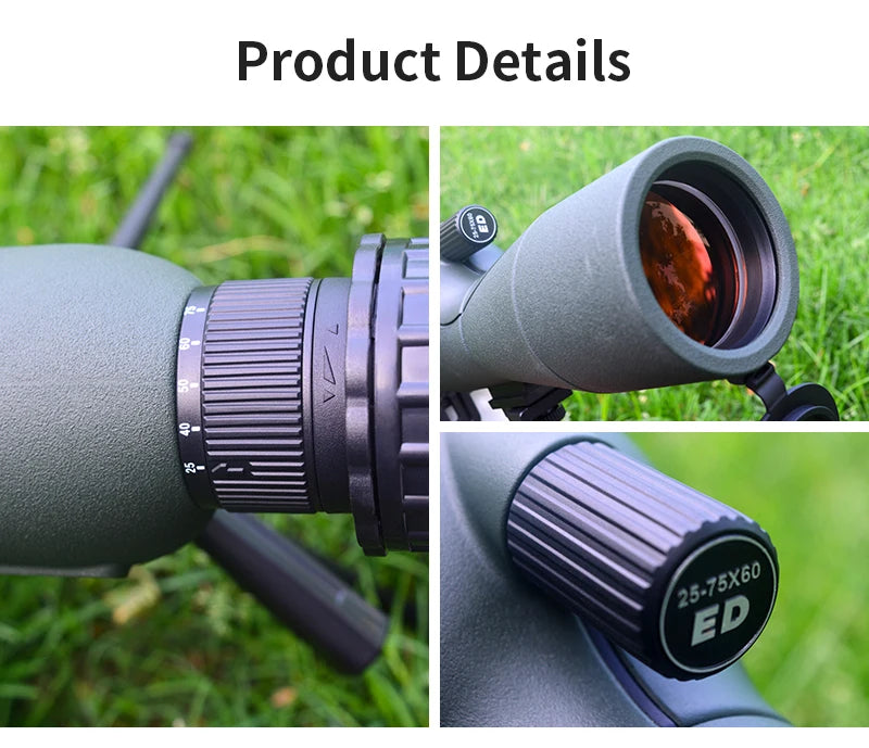 25–75x60 ED Zoom Monocular Telescope — BAK4 Prism, Waterproof & Fogproof
