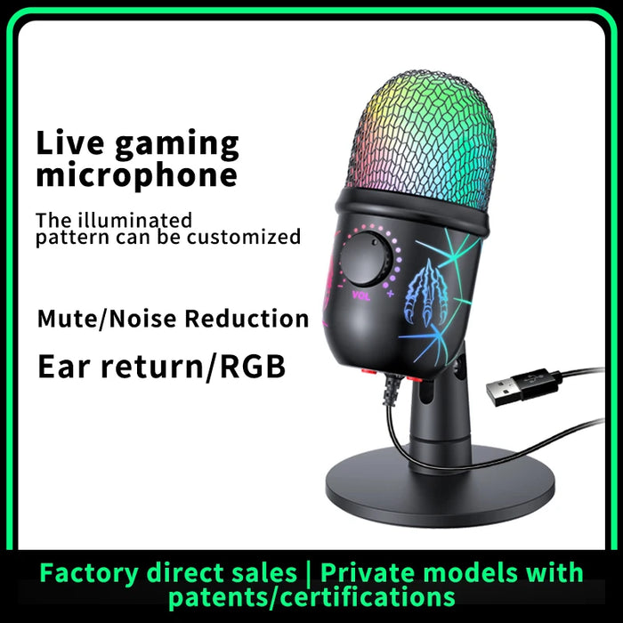 USB Gaming Condenser Microphone with Headphone Jack, LED & Noise Reduction