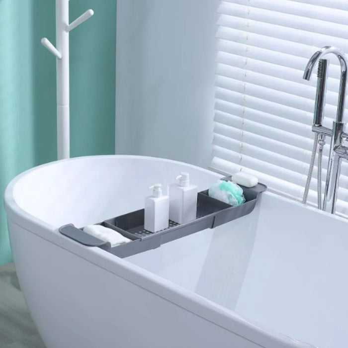 Extendable Bath Shelf Tray with Anti-Slip Phone & Tablet Holder — White or Grey