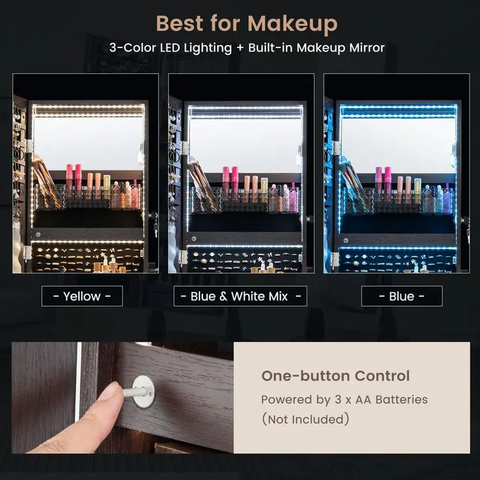 Free-standing Jewellery Cabinet — 3‑Colour LED Lights, Lockable, Full‑Length Mirror, Drawers & Wheels