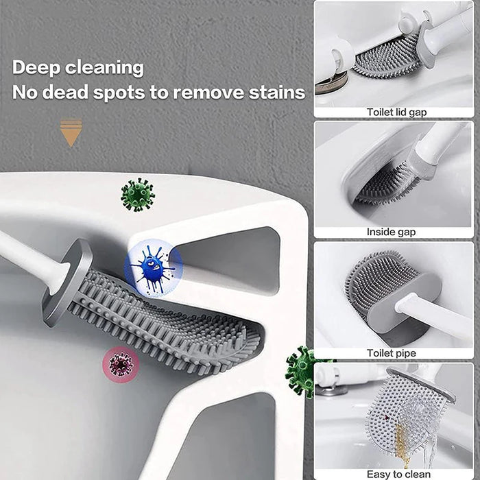 Wall-mounted Silicone Toilet Brush & Holder — Long Non-slip Handle, Ventilated Case, No-drill Fit