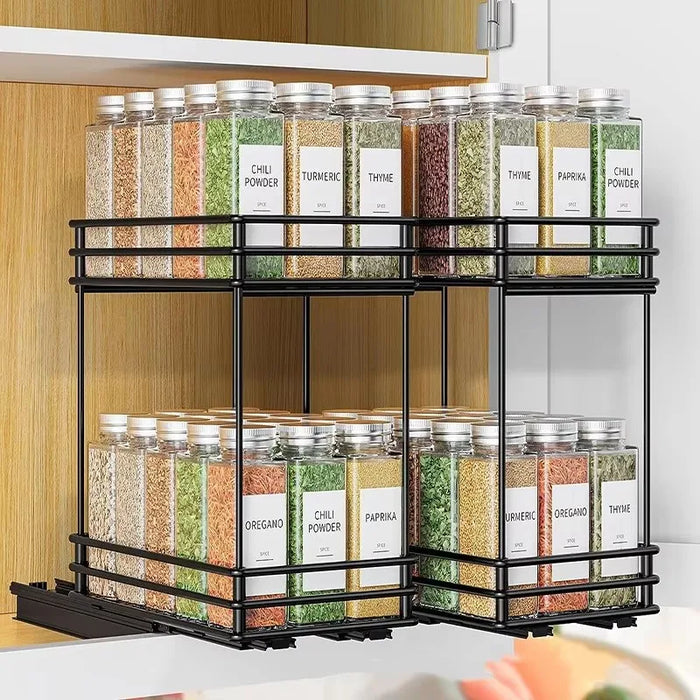 2-Tier Pull-Out Steel Spice Rack – Heavy-Duty Dual-Slide Cabinet Organiser