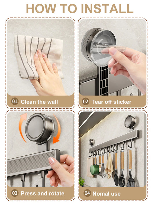 No-Punching Kitchen Rail with Hooks — Space Aluminium, Electroplated (30/40/50cm)