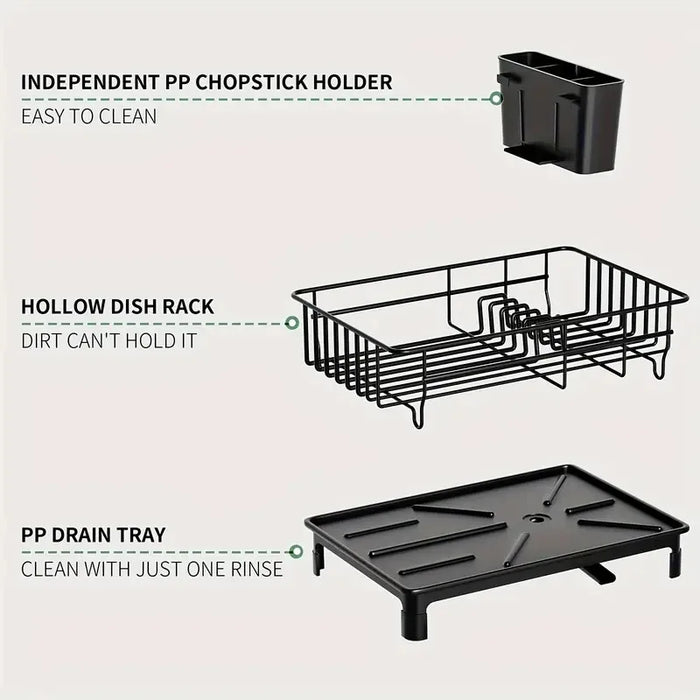 Rustproof 1-Tier Dish Drying Rack with Utensil Holder & Drain Board — Countertop Organiser (Black)
