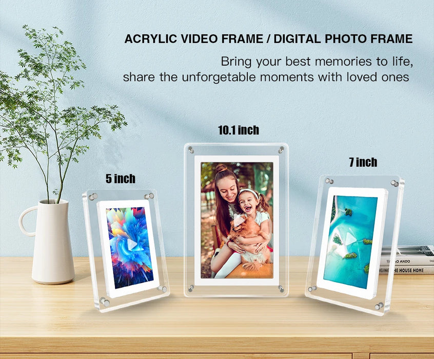 Acrylic Digital Photo Frame 5" & 7" IPS — 4GB Built‑in, Rechargeable, Auto‑Rotate