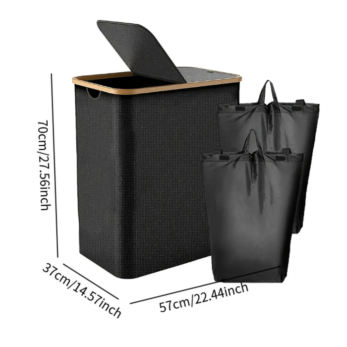 Foldable 2-Section Laundry Hamper with Lid — Bamboo Handles & Removable Bag
