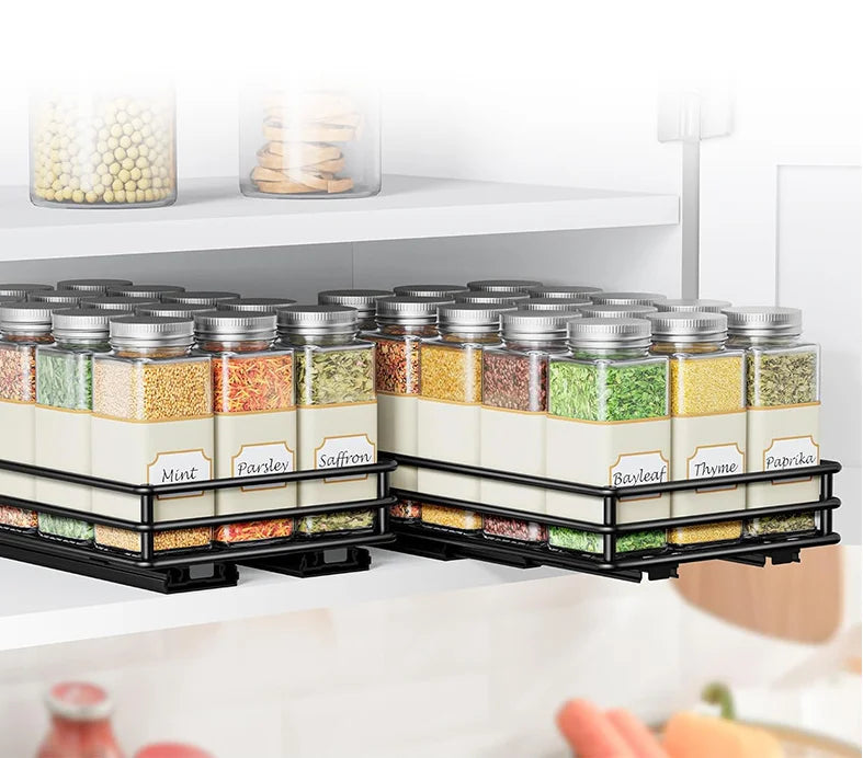 2-Tier Pull-Out Steel Spice Rack – Heavy-Duty Dual-Slide Cabinet Organiser