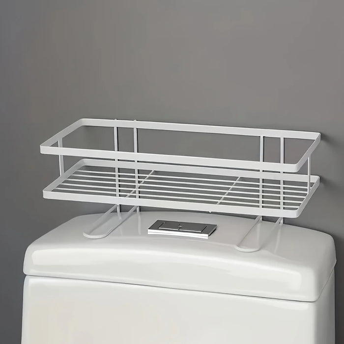 Non-Perforated Single-Tier Bathroom Storage Rack — Compact Toilet Shelf (White/Black)