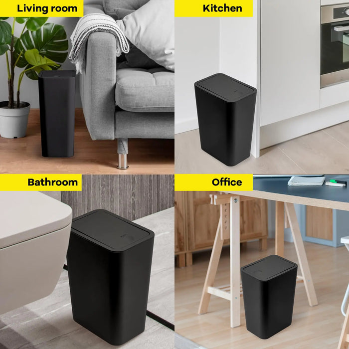 10L Slim Bathroom Bin with Press-Top Lid - Compact Plastic Wastebasket for Toilet, Bedroom & Living Room