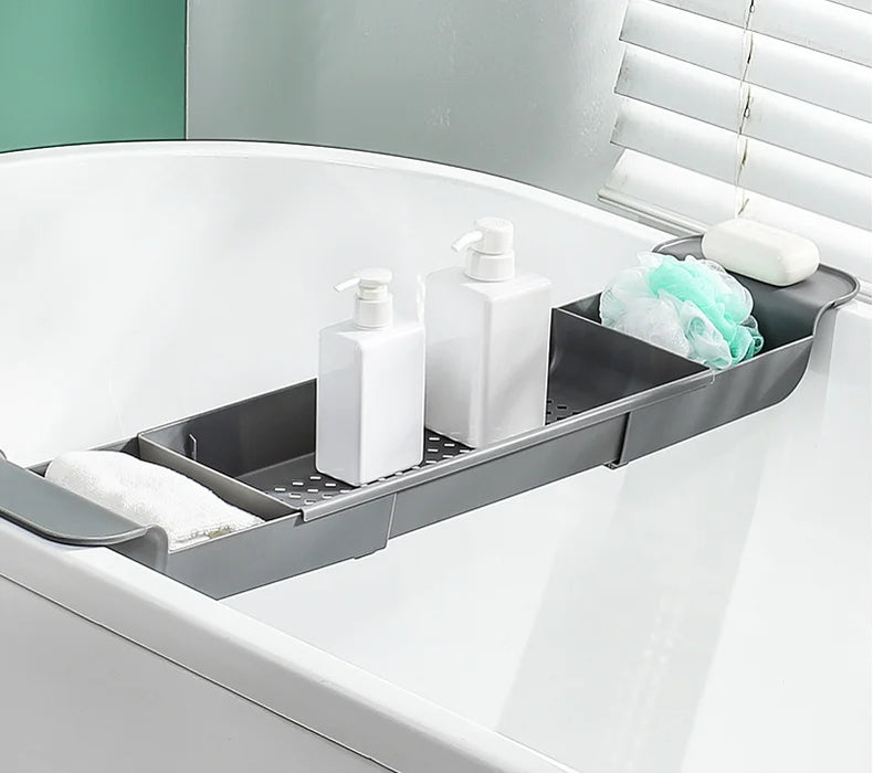 Extendable Bath Shelf Tray with Anti-Slip Phone & Tablet Holder — White or Grey
