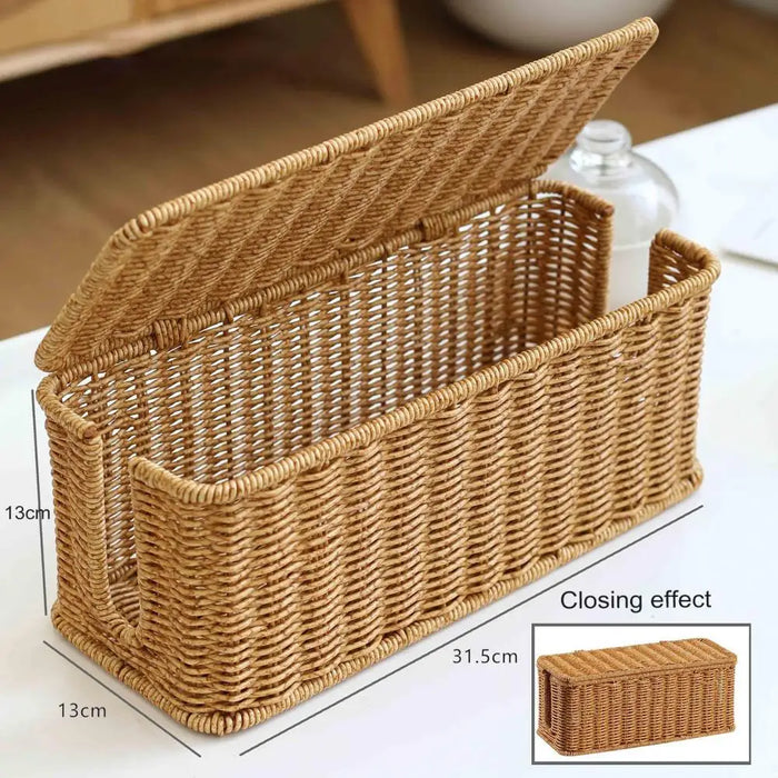 Rattan Cable Management Box – Hand‑woven Cord Organiser, 2‑Slot, Large Capacity (Khaki)