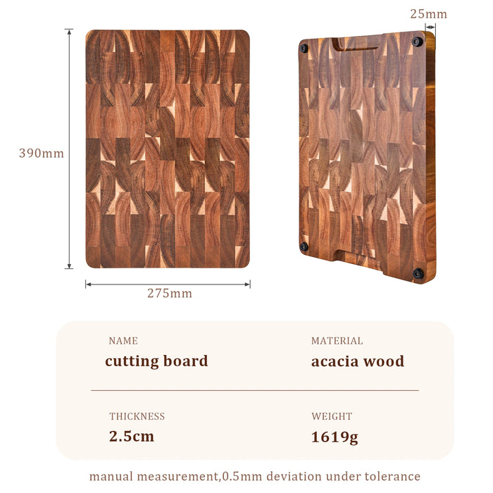 15-inch End Grain Acacia Rectangular Chopping Board with Side Handle (390×275×25mm)
