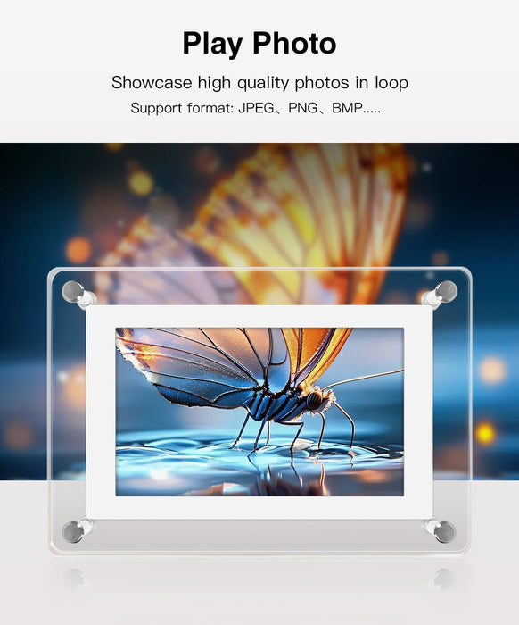 Acrylic Digital Photo Frame 5" & 7" IPS — 4GB Built‑in, Rechargeable, Auto‑Rotate