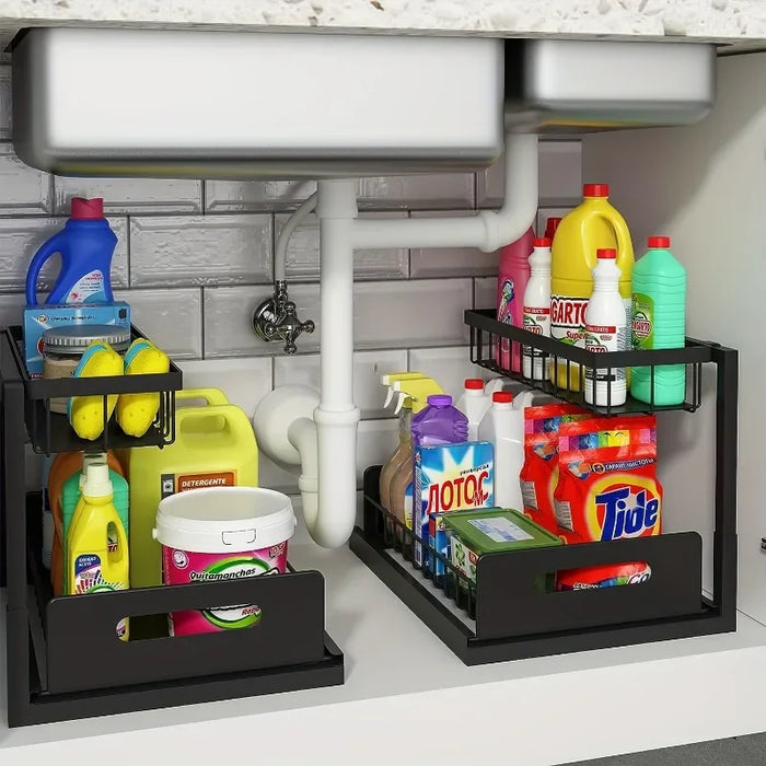 Double-Layer Sliding Under-Sink Shelf – Pull-Out Cabinet Storage for Kitchen & Bathroom