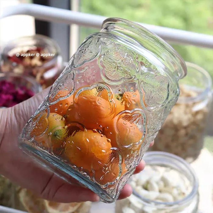 Vintage Glass Canister with Wooden Lid — Airtight Embossed Jar (M)