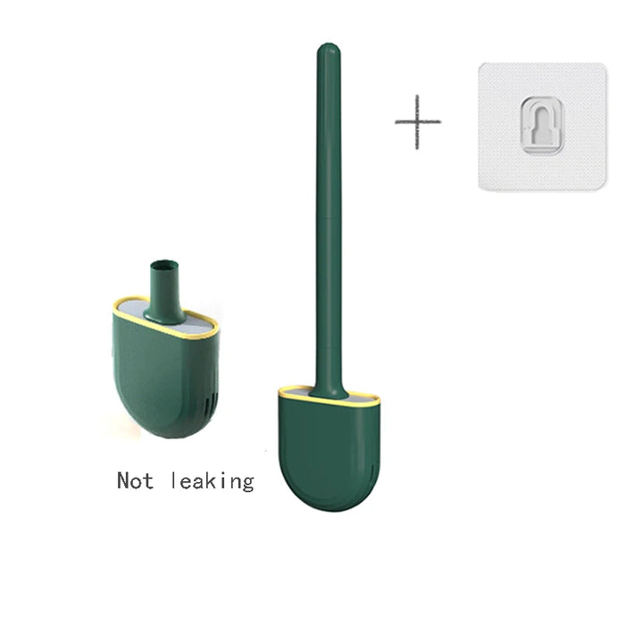 Wall-mounted Silicone Toilet Brush & Holder — Long Non-slip Handle, Ventilated Case, No-drill Fit