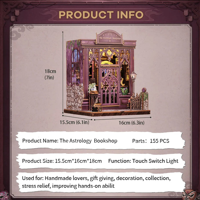 Wooden Book Nook Miniature DIY Kit — Astrology Bookshop Bookshelf Insert (150 pieces)