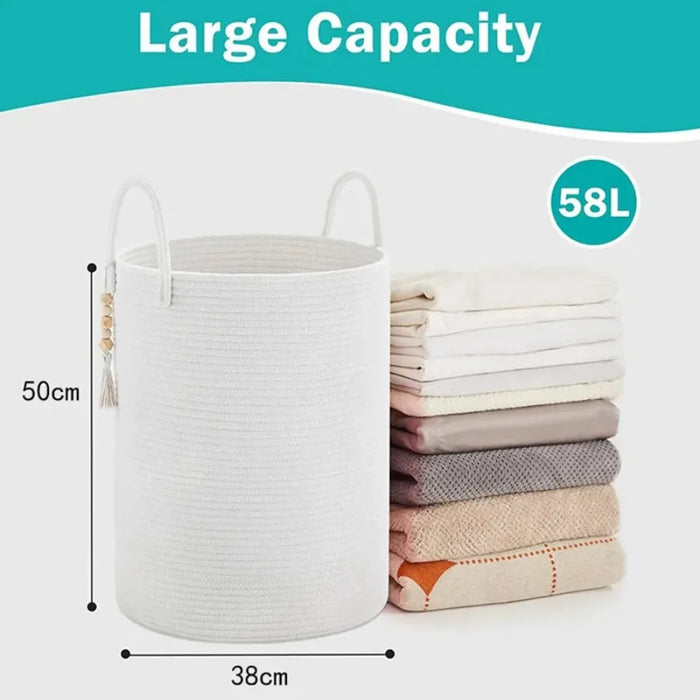 Large Tall Foldable Woven Storage Basket — Cotton-Rope Laundry Hamper
