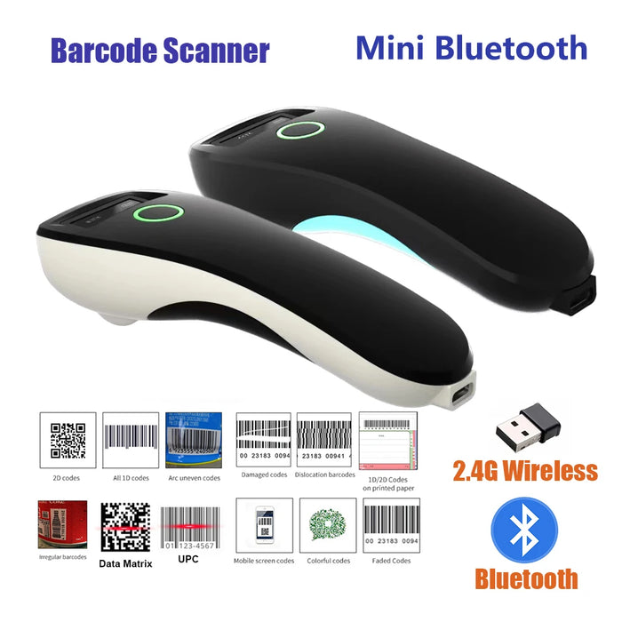 Mini Handheld 2D Barcode Scanner — Wireless (2.4G/Bluetooth) & USB, 1D/2D/QR/PDF417 with Storage