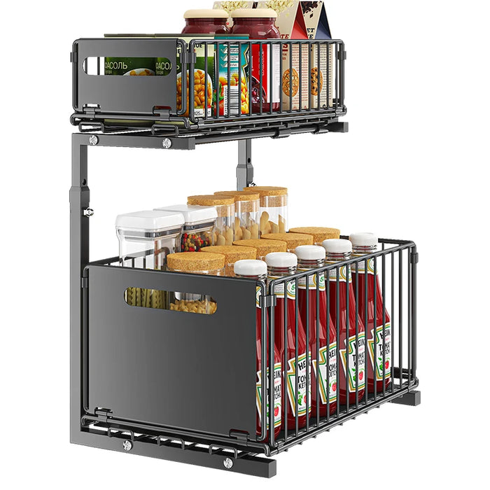Pull-Out Under-Sink Organiser, 2-Tier Adjustable Sliding Shelf, Black & White
