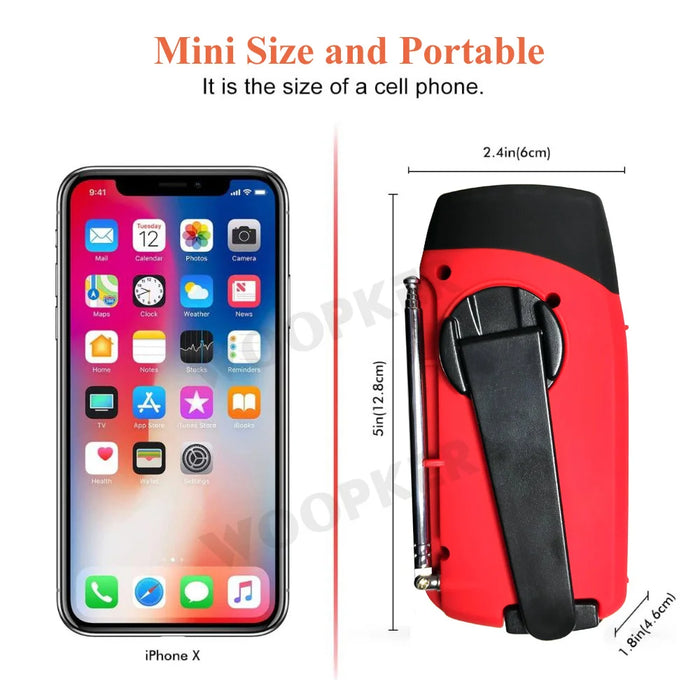 Mini Solar Crank Radio — AM/FM & 7‑Channel NOAA, USB Phone Charger, 3‑LED Torch, Waterproof