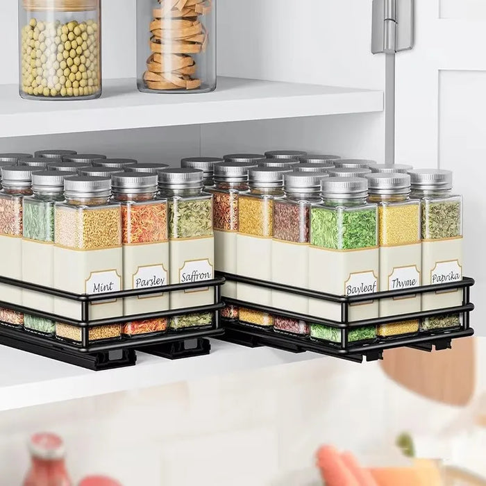 2-Tier Pull-Out Steel Spice Rack – Heavy-Duty Dual-Slide Cabinet Organiser