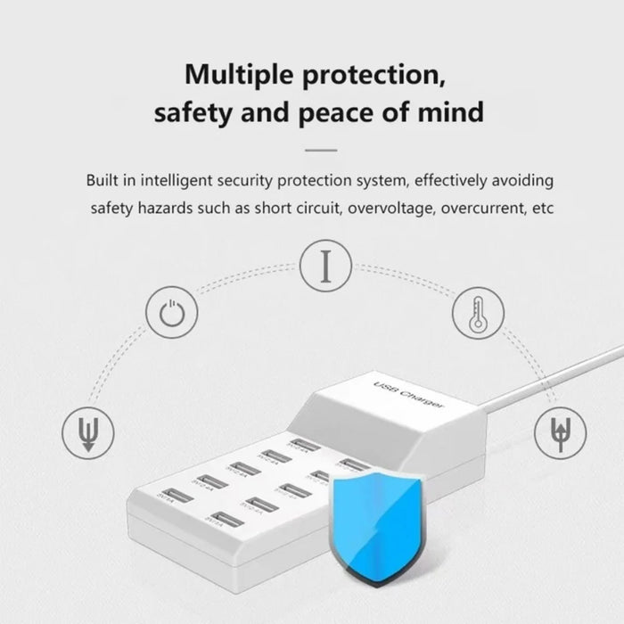 10‑Port 50W USB Charging Station – Multi‑Device Fast Charger with LCD (EU/UK/US plugs)