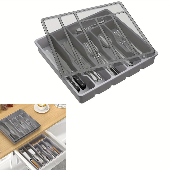Covered Cutlery Organiser — 6-Compartment Silverware Tray with Washable Lid (PP)