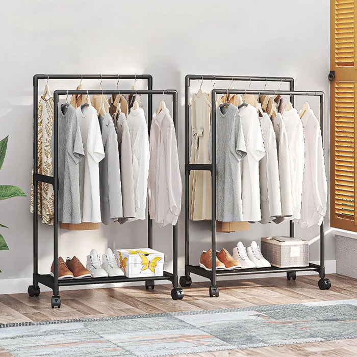 Double‑Rod Mobile Clothes Rack with Wheels — Black Metal