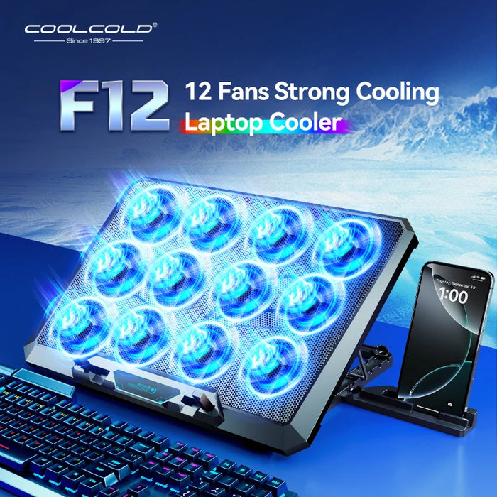 Laptop Cooling Pad with 12 Quiet Fans — 12–17.3‑inch Cooler Stand with Dual USB & Phone Holder