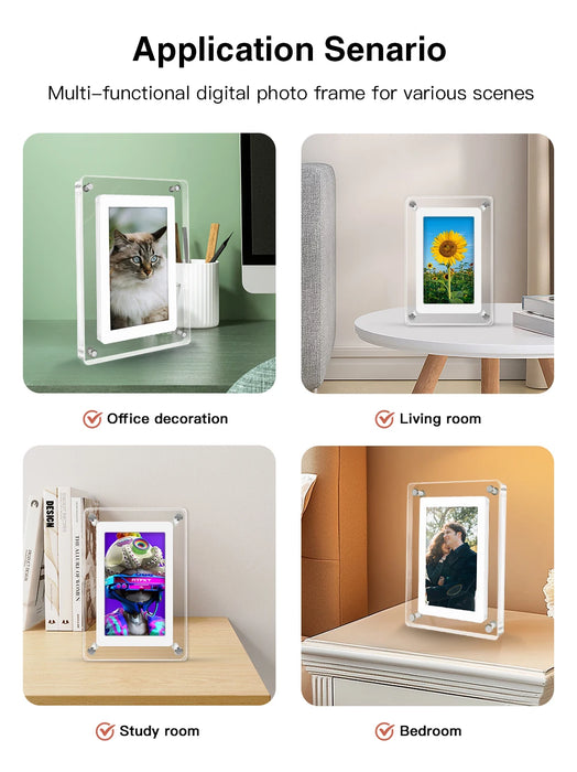 Acrylic Digital Photo Frame 5" & 7" IPS — 4GB Built‑in, Rechargeable, Auto‑Rotate