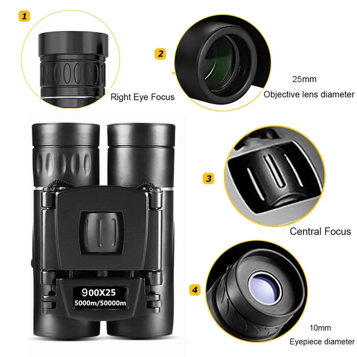 900x25 HD Zoom Portable Binoculars - 25mm BAK4 Prism, Folding Low-Light