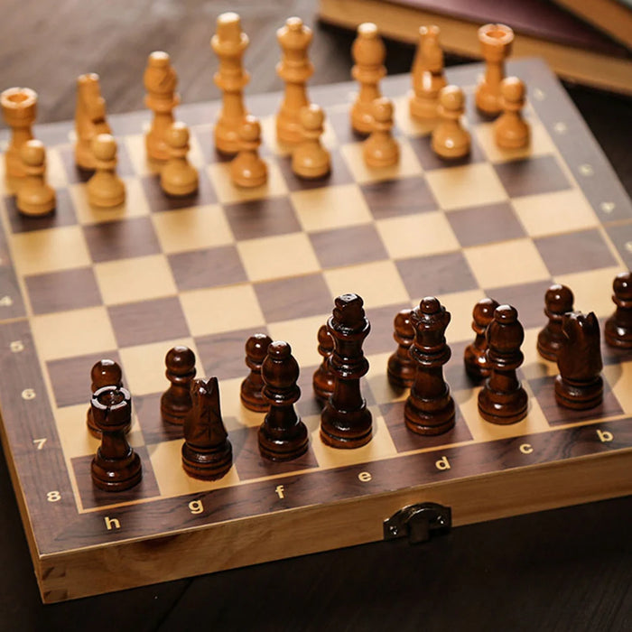 29 x 29 cm Foldable 3‑in‑1 Wooden Chess Set — Chess, Checkers & Backgammon, Non‑toxic