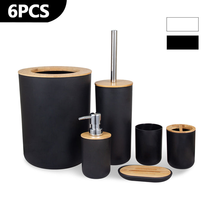 6-Piece Bamboo & Plastic Bathroom Set — Bin, Toilet Brush, Lotion Pump, Soap Box, Toothbrush Cup & Mouth Cup