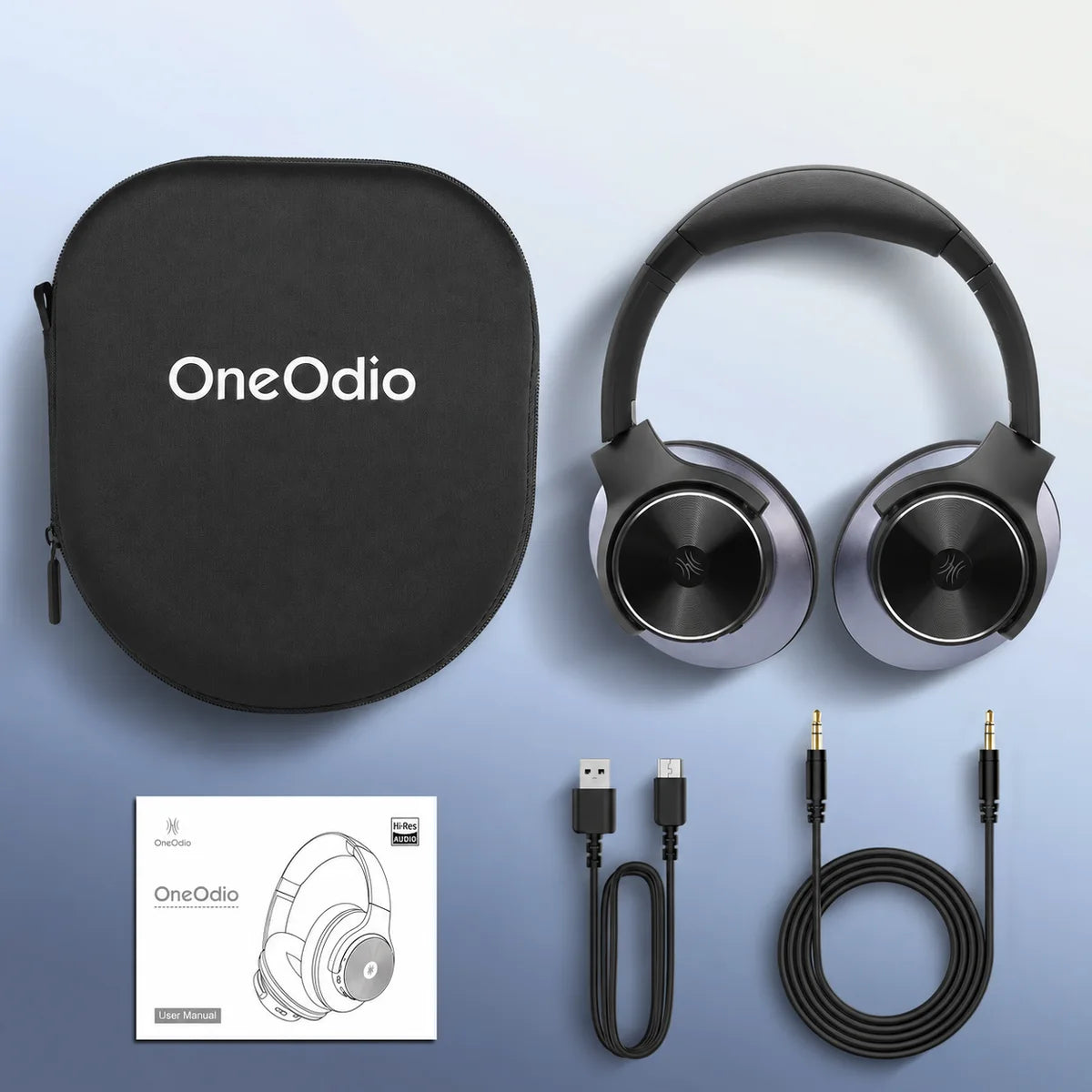 Eredetileg mellékelt tartozékok: fejhallgató, OneOdio EVA hordtok, USB-C-kábel, 3,5 mm-es kábel és használati útmutató