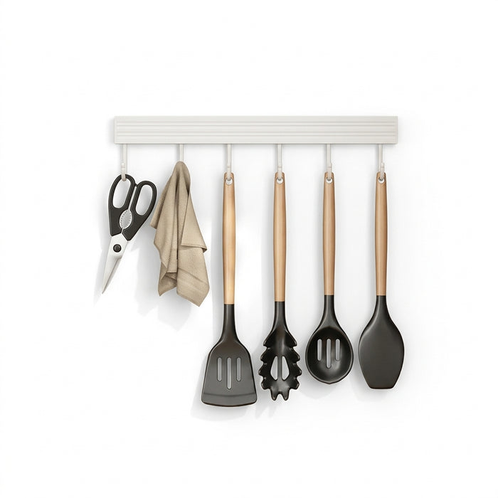 No-Punch Wall-Mounted Kitchen Rack with Movable Hook Spoon Holder — White Aluminium