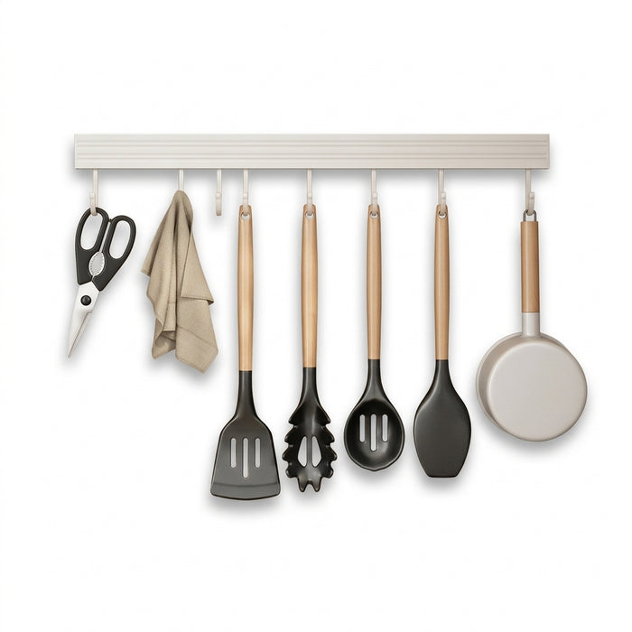 No-Punch Wall-Mounted Kitchen Rack with Movable Hook Spoon Holder — White Aluminium