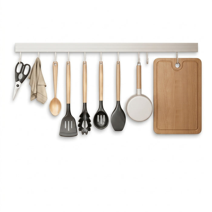 No-Punch Wall-Mounted Kitchen Rack with Movable Hook Spoon Holder — White Aluminium
