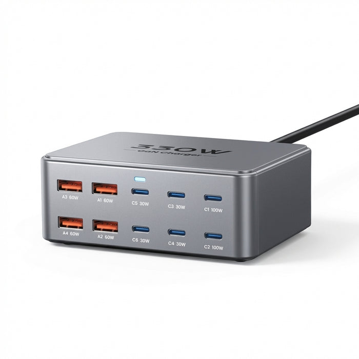 330W GaN 10‑Port USB Charger — 2×100W USB‑C, PD3.0/PPS/QC3.0, for MacBook Pro & iPhone 15/16