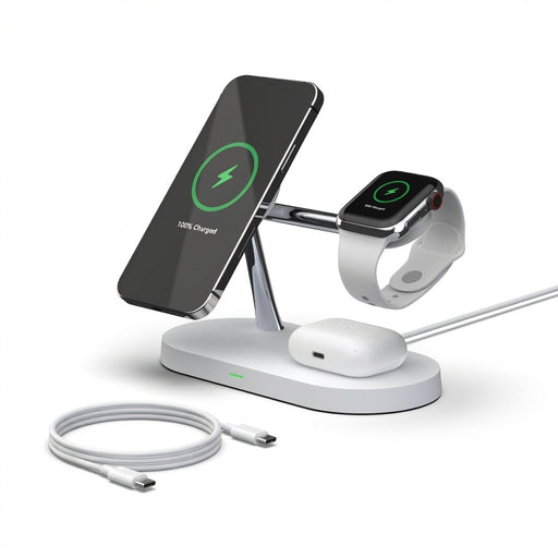 3-in-1 Magnetic Wireless Charger Stand for iPhone 12–17, Apple Watch Series 4–10 & AirPods (Qi)