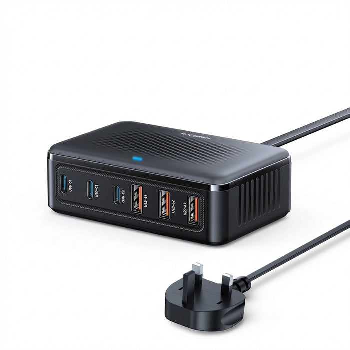 100W GaN 6-Port USB Charger — 3x USB-C & 3x USB-A (UK plug option)