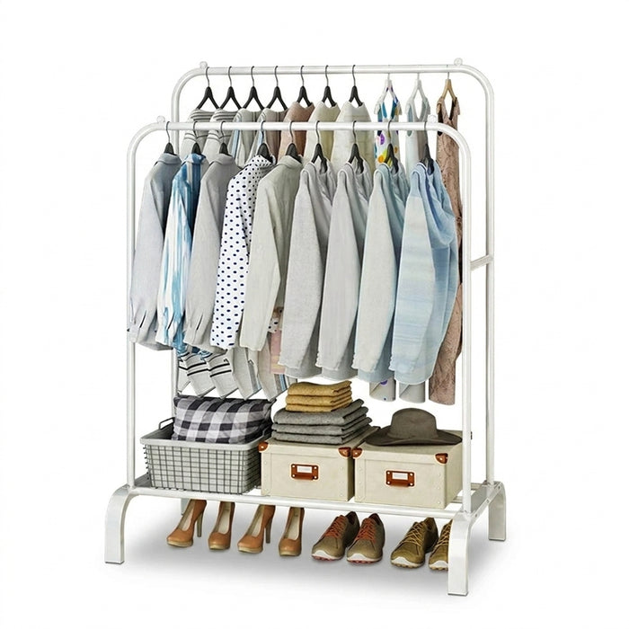 Double Rail Standing Clothes Rack with Mesh & Bottom Shelves — White or Black