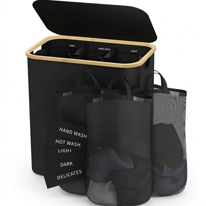 Slim Laundry Hamper — 100L or 160L Bamboo Basket with Removable Washable Bag & Handles