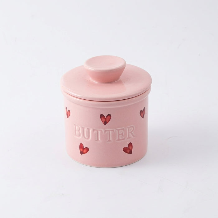 1-piece Pink Ceramic Butter Crock with Lid and Knife – French-style Porcelain Butter Dish