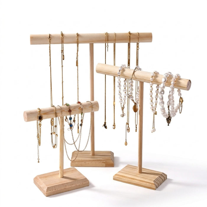 Solid Wood Jewellery Display Stand with Wooden Base – Bracelet, Necklace & Hairband Rack