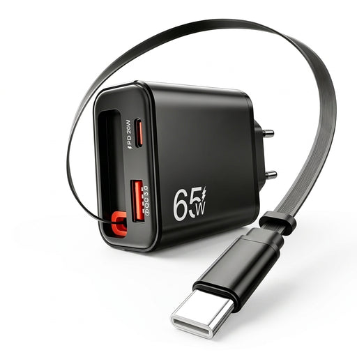 65W USB Wall Charger with Retractable USB‑C Cable — PD & QC3.0 Fast Charge
