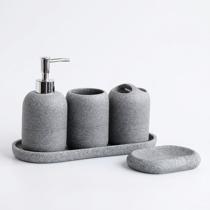 5-Piece Bathroom Accessory Set — Lotion Dispenser, Toothbrush Holder, Tumbler, Soap Dish & Tray (Beige or Grey)