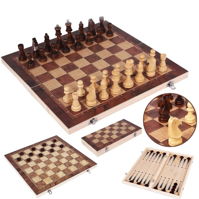 3-in-1 Wooden Travel Games Set – Chess, Checkers & Backgammon (Five Sizes)